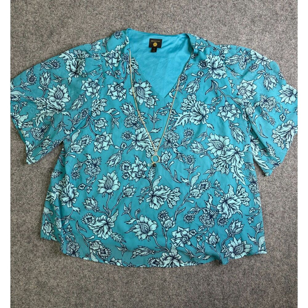 JM Collection Lined Blouse with Necklace. Turquoise. 2X